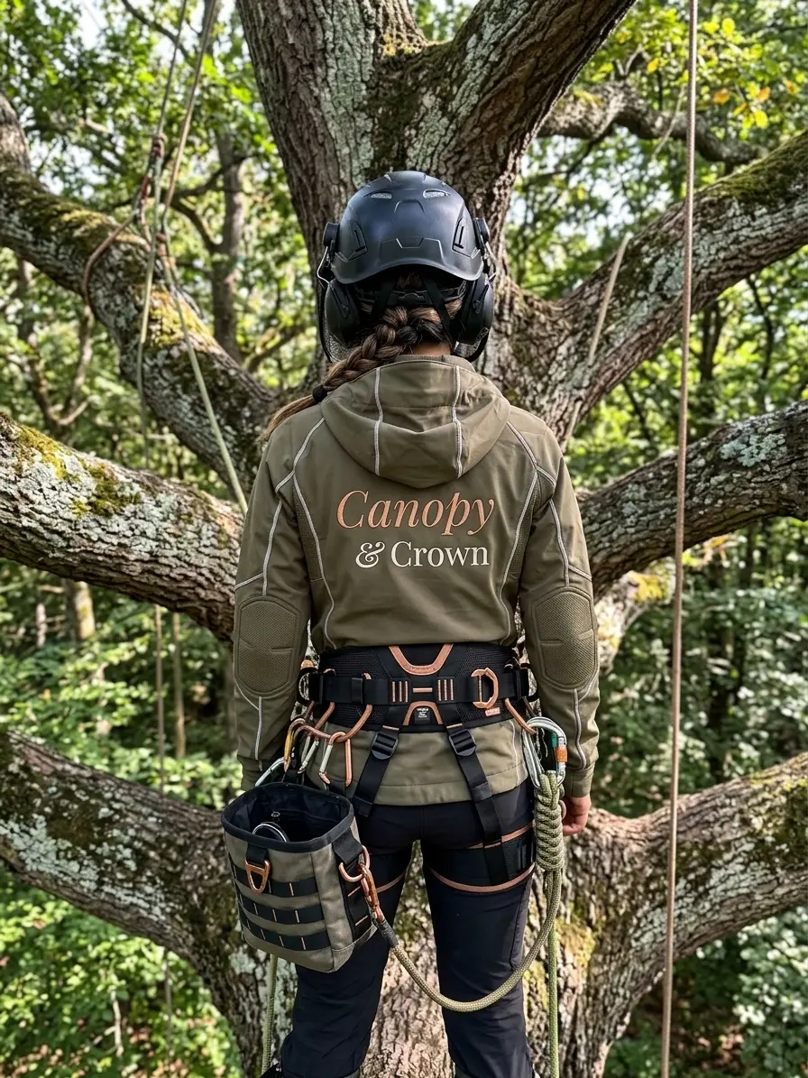 Certified arborist harnessed and roped in the canopy of a mature oak tree