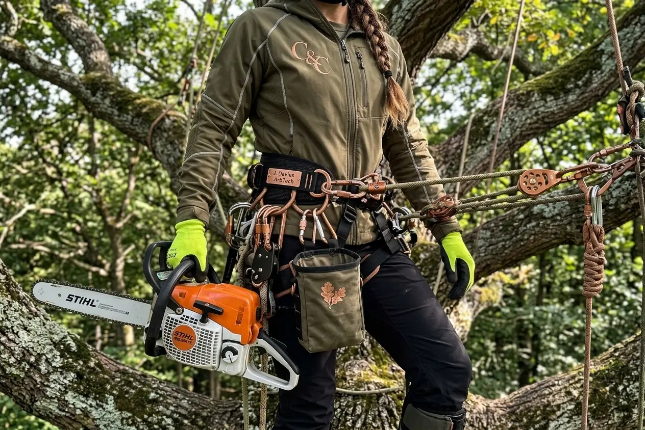 Close-up of an arborist's professional climbing harness and tools