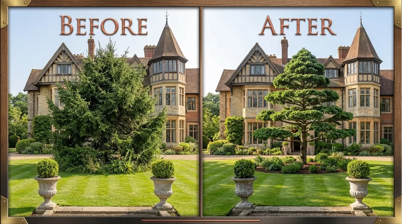 Before and after: a neglected conifer reshaped into a striking landscape centerpiece