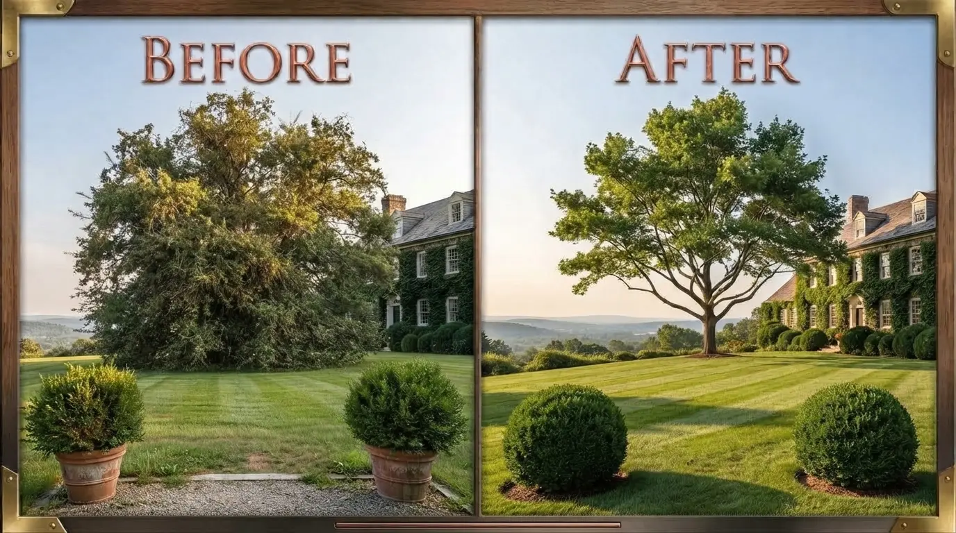 Before and after: crown raised and thinned to restore this shade tree's natural elegance