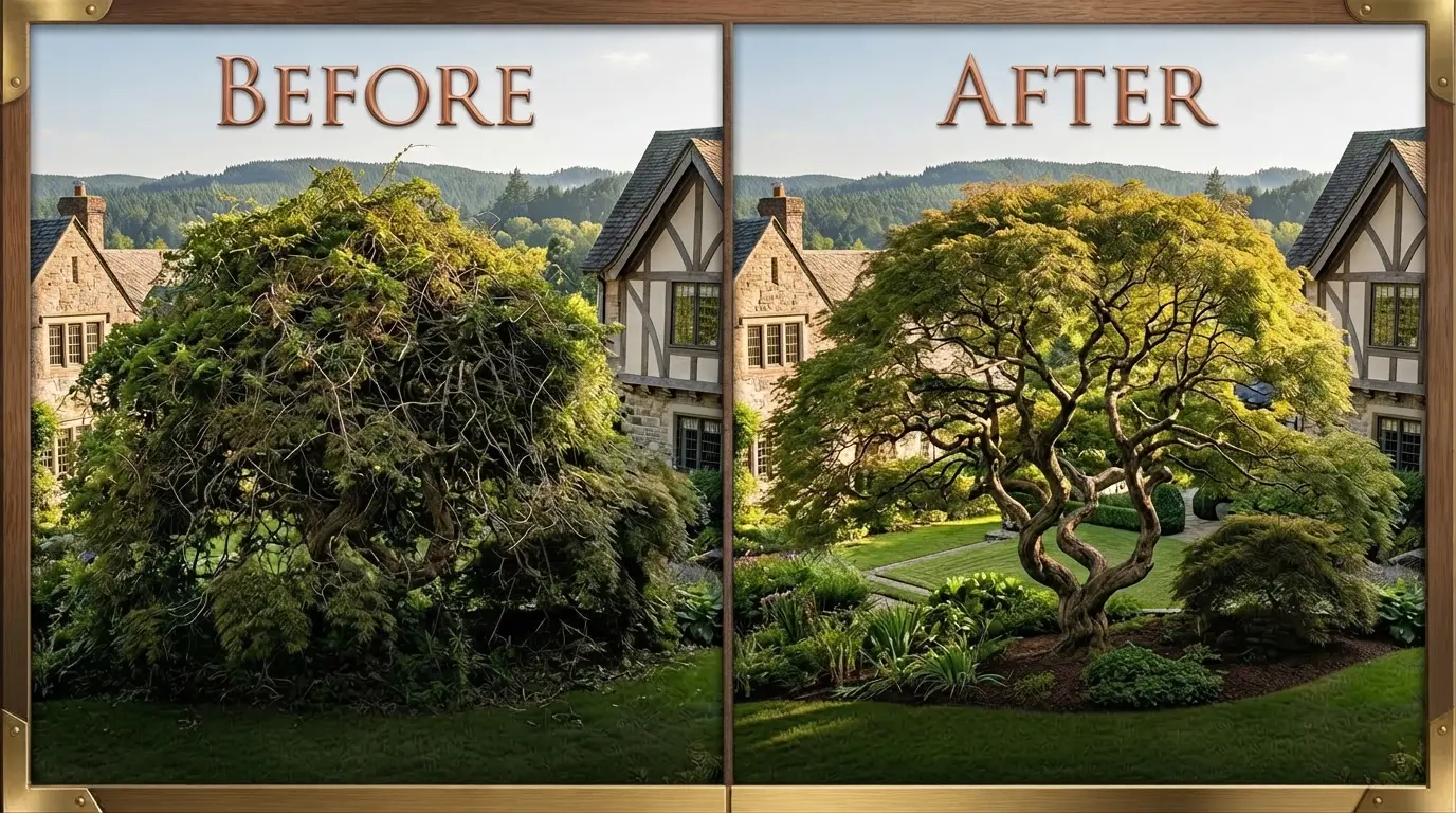 Before and after: years of unchecked growth restored to a sculpted ornamental form