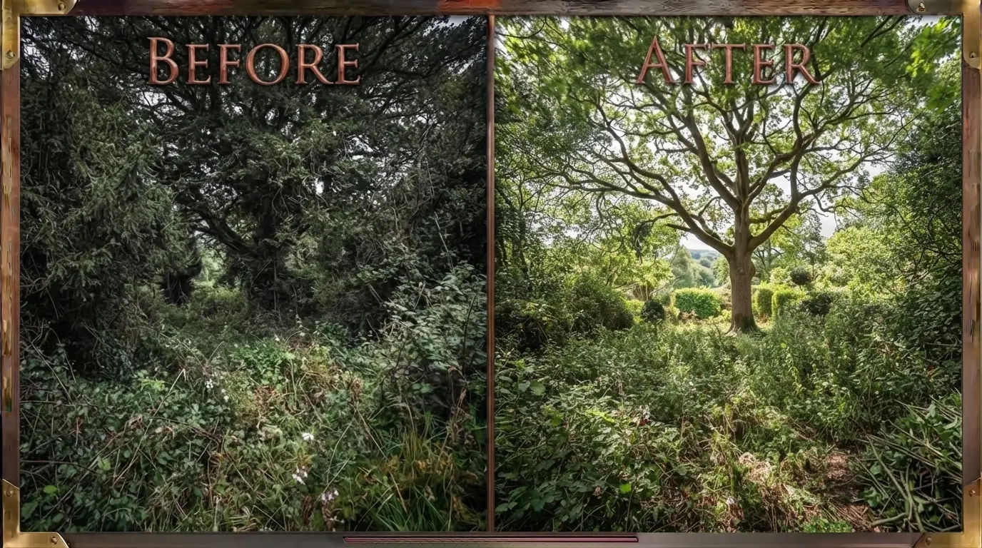 Before and after: selective clearing opened this overgrown corner to light and life