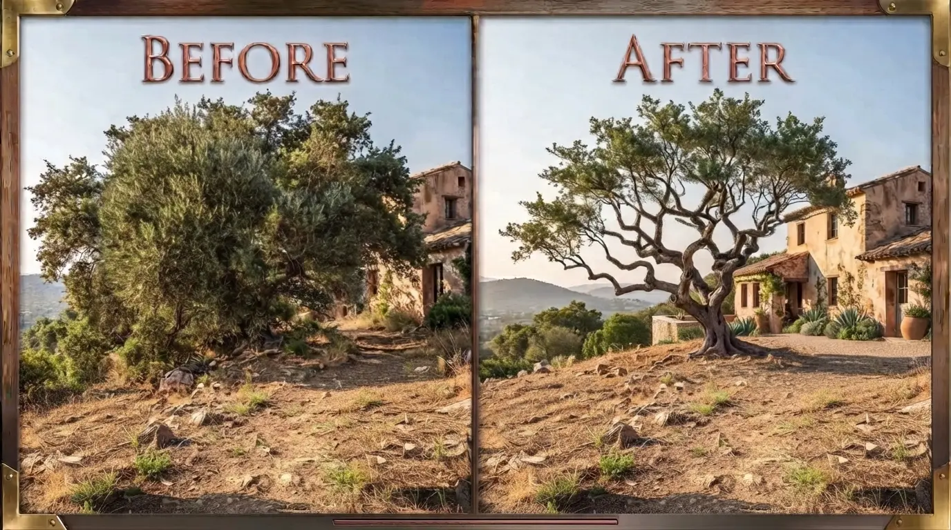 Before and after: structural pruning revealed the character hidden beneath the overgrowth